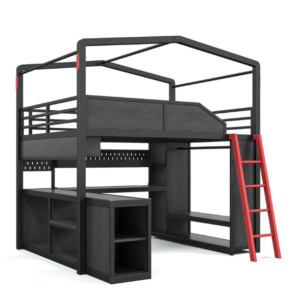 English Elm Full Size Gaming Loft Bed with LED Desk USB Charging Storage Stairs Headboard Shelves Full Black MDF+Metal W5316S00105