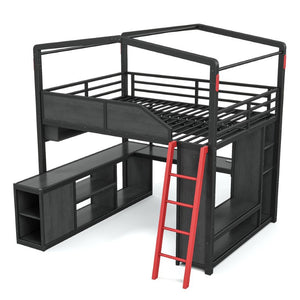 English Elm Full Size Gaming Loft Bed with LED Desk USB Charging Storage Stairs Headboard Shelves Full Black MDF+Metal W5316S00105