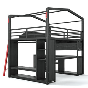 English Elm Full Size Gaming Loft Bed with LED Desk USB Charging Storage Stairs Headboard Shelves Full Black MDF+Metal W5316S00105