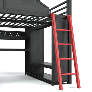 English Elm Full Size Gaming Loft Bed with LED Desk USB Charging Storage Stairs Headboard Shelves Full Black MDF+Metal W5316S00105