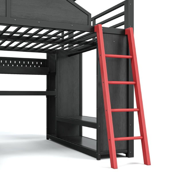 English Elm Full Size Gaming Loft Bed with LED Desk USB Charging Storage Stairs Headboard Shelves Full Black MDF+Metal W5316S00105