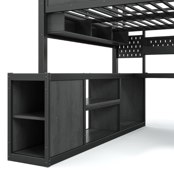 English Elm Full Size Gaming Loft Bed with LED Desk USB Charging Storage Stairs Headboard Shelves Full Black MDF+Metal W5316S00105
