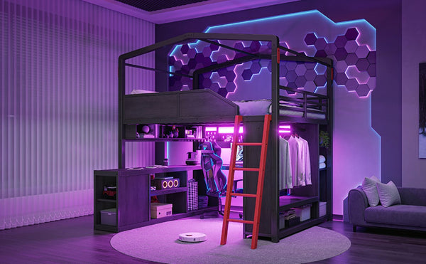 English Elm Full Size Gaming Loft Bed with LED Desk USB Charging Storage Stairs Headboard Shelves Full Black MDF+Metal W5316S00105