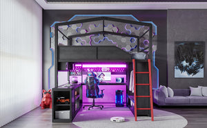 English Elm Full Size Gaming Loft Bed with LED Desk USB Charging Storage Stairs Headboard Shelves Full Black MDF+Metal W5316S00105