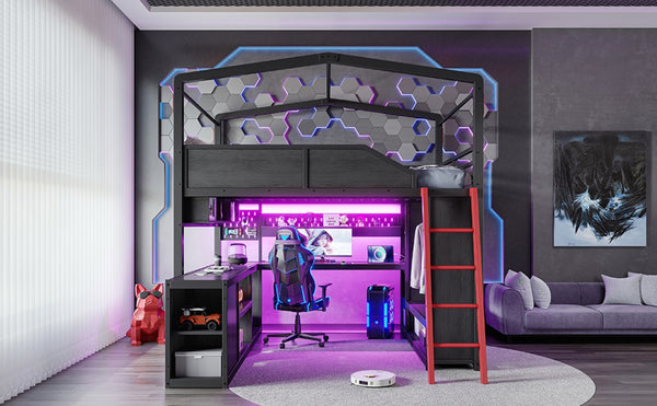 English Elm Full Size Gaming Loft Bed with LED Desk USB Charging Storage Stairs Headboard Shelves Full Black MDF+Metal W5316S00105