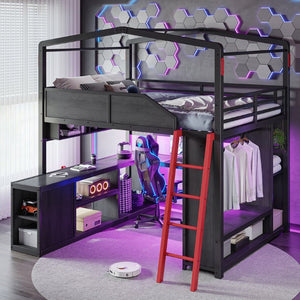 English Elm Full Size Gaming Loft Bed with LED Desk USB Charging Storage Stairs Headboard Shelves Full Black MDF+Metal W5316S00105
