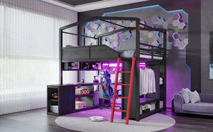 English Elm Full Size Gaming Loft Bed with LED Desk USB Charging Storage Stairs Headboard Shelves Full Black MDF+Metal W5316S00105