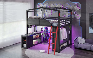 English Elm Full Size Gaming Loft Bed with LED Desk USB Charging Storage Stairs Headboard Shelves Full Black MDF+Metal W5316S00105