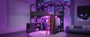 English Elm Full Size Gaming Loft Bed with LED Desk USB Charging Storage Stairs Headboard Shelves Full Black MDF+Metal W5316S00105