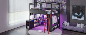 English Elm Full Size Gaming Loft Bed with LED Desk USB Charging Storage Stairs Headboard Shelves Full Black MDF+Metal W5316S00105
