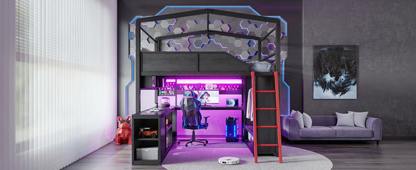 English Elm Full Size Gaming Loft Bed with LED Desk USB Charging Storage Stairs Headboard Shelves Full Black MDF+Metal W5316S00105