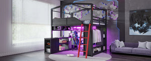 English Elm Full Size Gaming Loft Bed with LED Desk USB Charging Storage Stairs Headboard Shelves Full Black MDF+Metal W5316S00105