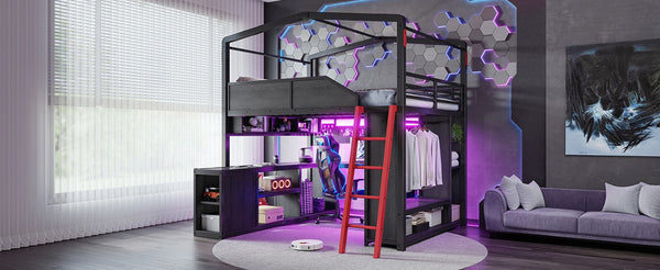 English Elm Full Size Gaming Loft Bed with LED Desk USB Charging Storage Stairs Headboard Shelves Full Black MDF+Metal W5316S00105
