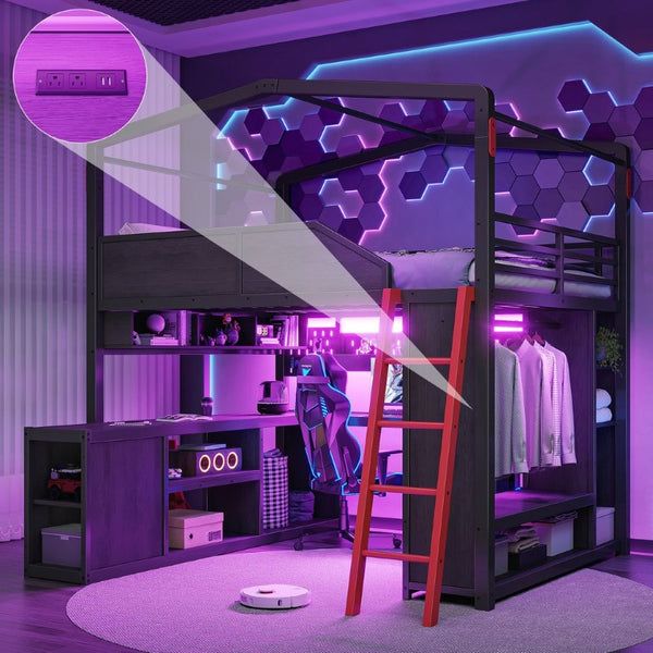 English Elm Full Size Gaming Loft Bed with LED Desk USB Charging Storage Stairs Headboard Shelves Full Black MDF+Metal W5316S00105