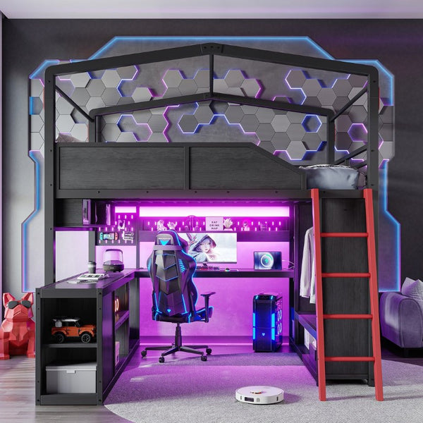 English Elm Full Size Gaming Loft Bed with LED Desk USB Charging Storage Stairs Headboard Shelves Full Black MDF+Metal W5316S00105