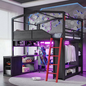 English Elm Full Size Gaming Loft Bed with LED Desk USB Charging Storage Stairs Headboard Shelves Full Black MDF+Metal W5316S00105