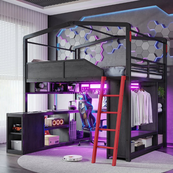 English Elm Full Size Gaming Loft Bed with LED Desk USB Charging Storage Stairs Headboard Shelves Full Black MDF+Metal W5316S00105