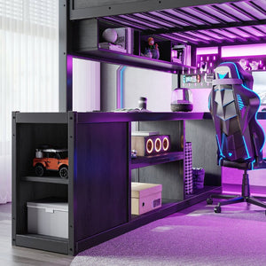 English Elm Full Size Gaming Loft Bed with LED Desk USB Charging Storage Stairs Headboard Shelves Full Black MDF+Metal W5316S00105