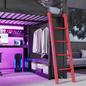 English Elm Full Size Gaming Loft Bed with LED Desk USB Charging Storage Stairs Headboard Shelves Full Black MDF+Metal W5316S00105
