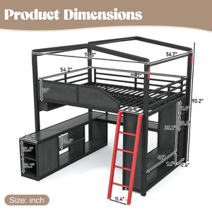 English Elm Full Size Gaming Loft Bed with LED Desk USB Charging Storage Stairs Headboard Shelves Full Black MDF+Metal W5316S00105
