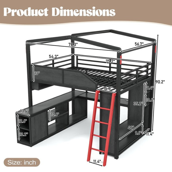 English Elm Full Size Gaming Loft Bed with LED Desk USB Charging Storage Stairs Headboard Shelves Full Black MDF+Metal W5316S00105