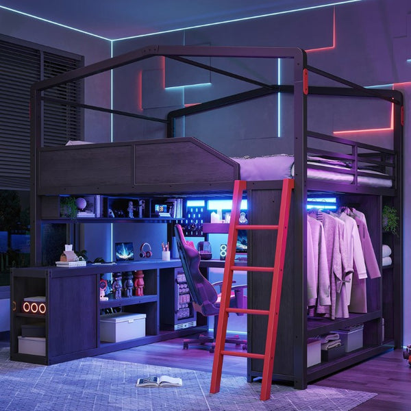 English Elm Queen Metal Loft Bed with Built-In Desk LED Lighting USB Ports and Closet Storage W5316S00106