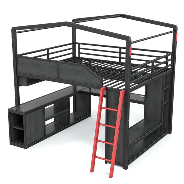 English Elm Queen Metal Loft Bed with Built-In Desk LED Lighting USB Ports and Closet Storage W5316S00106
