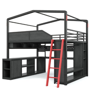 English Elm Queen Metal Loft Bed with Built-In Desk LED Lighting USB Ports and Closet Storage W5316S00106
