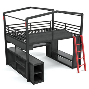 English Elm Queen Metal Loft Bed with Built-In Desk LED Lighting USB Ports and Closet Storage W5316S00106