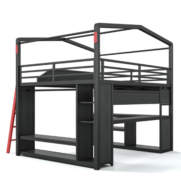 English Elm Queen Metal Loft Bed with Built-In Desk LED Lighting USB Ports and Closet Storage W5316S00106