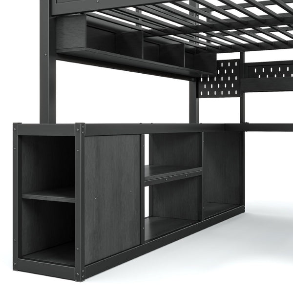 English Elm Queen Metal Loft Bed with Built-In Desk LED Lighting USB Ports and Closet Storage W5316S00106