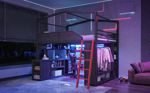 English Elm Queen Metal Loft Bed with Built-In Desk LED Lighting USB Ports and Closet Storage W5316S00106