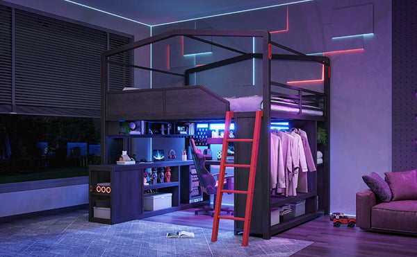 English Elm Queen Metal Loft Bed with Built-In Desk LED Lighting USB Ports and Closet Storage W5316S00106