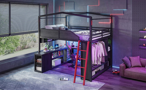 English Elm Queen Metal Loft Bed with Built-In Desk LED Lighting USB Ports and Closet Storage W5316S00106