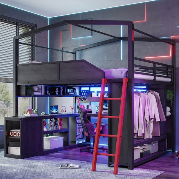 English Elm Queen Metal Loft Bed with Built-In Desk LED Lighting USB Ports and Closet Storage W5316S00106