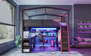 English Elm Queen Metal Loft Bed with Built-In Desk LED Lighting USB Ports and Closet Storage W5316S00106