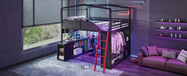 English Elm Queen Metal Loft Bed with Built-In Desk LED Lighting USB Ports and Closet Storage W5316S00106