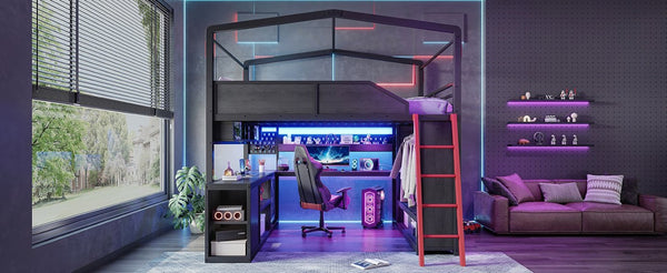 English Elm Queen Metal Loft Bed with Built-In Desk LED Lighting USB Ports and Closet Storage W5316S00106