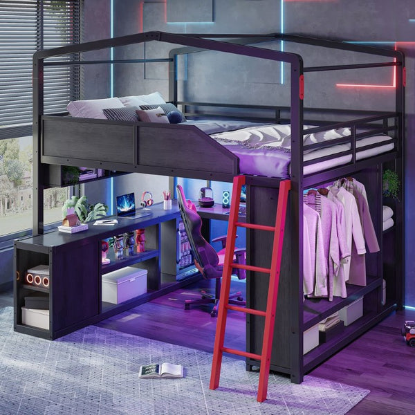 English Elm Queen Metal Loft Bed with Built-In Desk LED Lighting USB Ports and Closet Storage W5316S00106