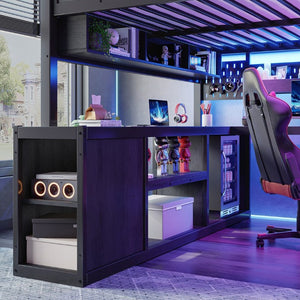 English Elm Queen Metal Loft Bed with Built-In Desk LED Lighting USB Ports and Closet Storage W5316S00106