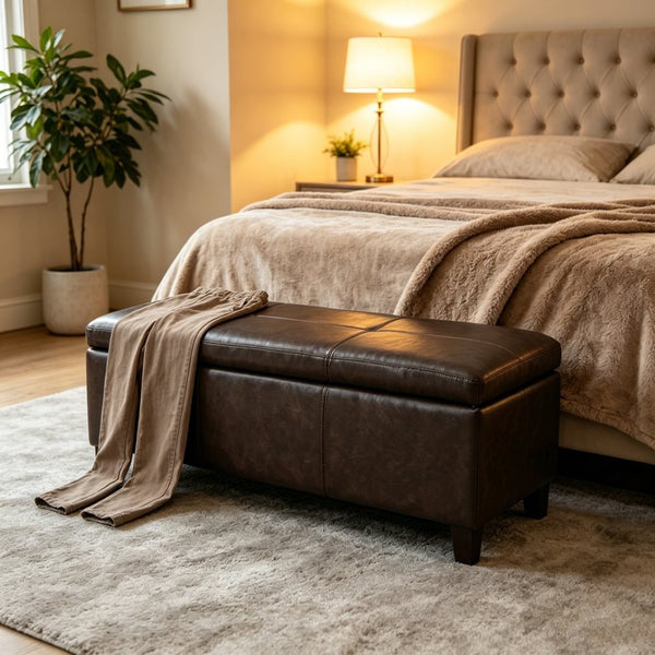 English Elm 50.25 Inch Distressed Faux Leather Storage Ottoman Bench with Hidden Compartment for Living Rooms W5325P423741