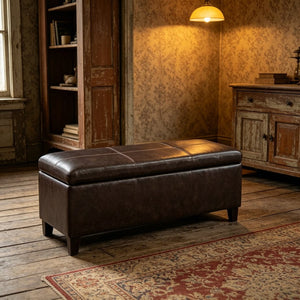 English Elm 50.25 Inch Distressed Faux Leather Storage Ottoman Bench with Hidden Compartment for Living Rooms W5325P423741
