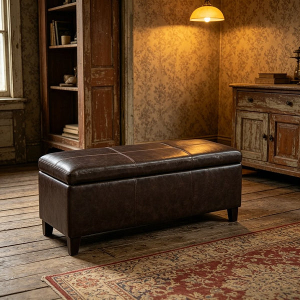 English Elm 50.25 Inch Distressed Faux Leather Storage Ottoman Bench with Hidden Compartment for Living Rooms W5325P423741