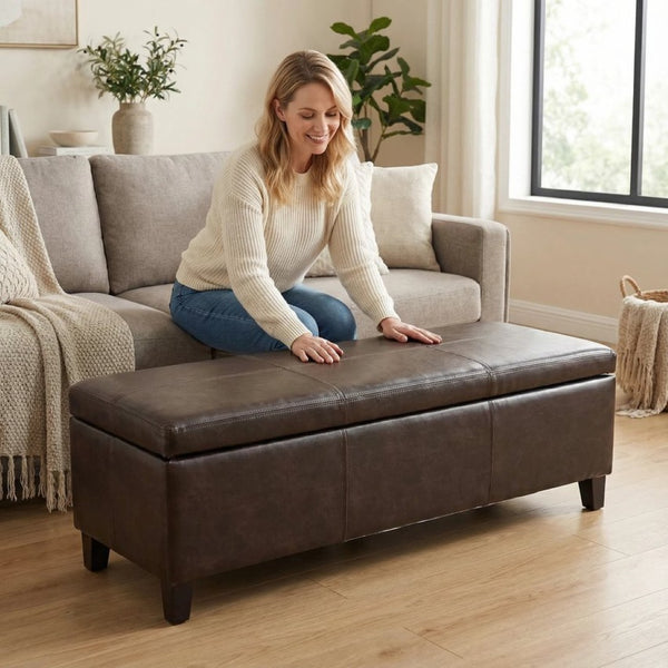 English Elm 50.25 Inch Distressed Faux Leather Storage Ottoman Bench with Hidden Compartment for Living Rooms W5325P423741