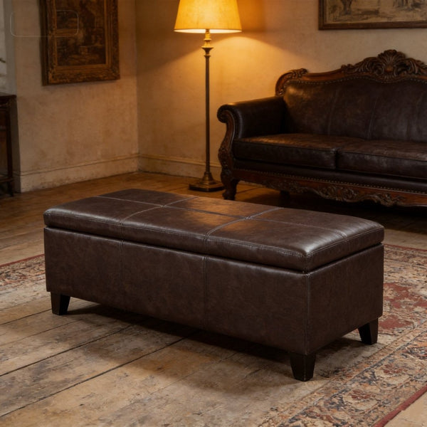 English Elm 50.25 Inch Distressed Faux Leather Storage Ottoman Bench with Hidden Compartment for Living Rooms W5325P423741