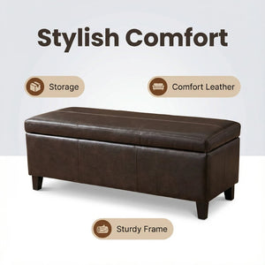 English Elm 50.25 Inch Distressed Faux Leather Storage Ottoman Bench with Hidden Compartment for Living Rooms W5325P423741
