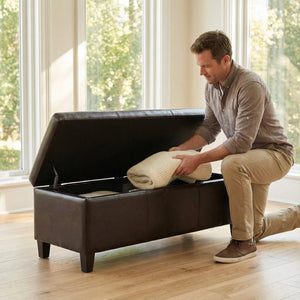 English Elm 50.25 Inch Distressed Faux Leather Storage Ottoman Bench with Hidden Compartment for Living Rooms W5325P423741