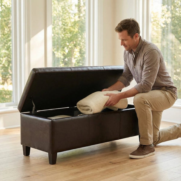English Elm 50.25 Inch Distressed Faux Leather Storage Ottoman Bench with Hidden Compartment for Living Rooms W5325P423741