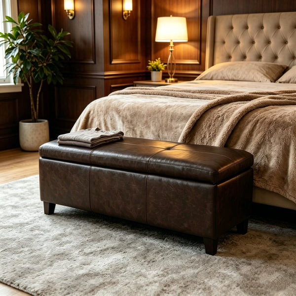 English Elm 50.25 Inch Distressed Faux Leather Storage Ottoman Bench with Hidden Compartment for Living Rooms W5325P423741