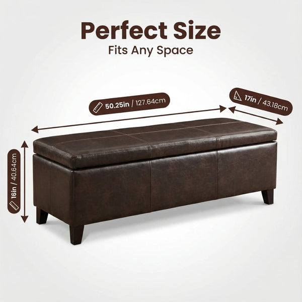 English Elm 50.25 Inch Distressed Faux Leather Storage Ottoman Bench with Hidden Compartment for Living Rooms W5325P423741